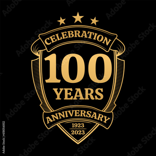 100 years anniversary icon or logo. 100th jubilee celebration, business company birthday badge or label. Vintage banner with shield and ribbon. Wedding, invitation design element. Vector illustration.
