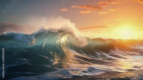 Beautiful high sea waves and beautiful sunlight, side view. © ownza
