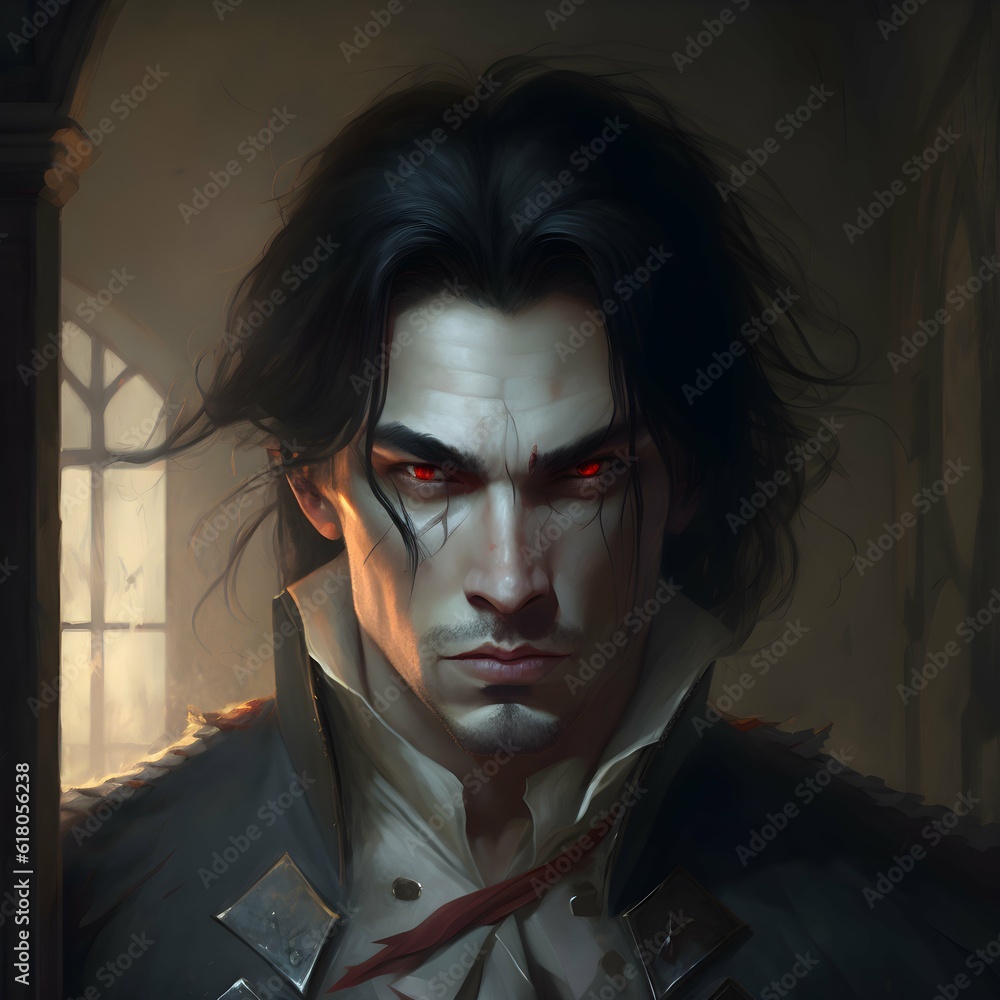 a handsome man with long vampire fangs pale skin red eyes black hair ...