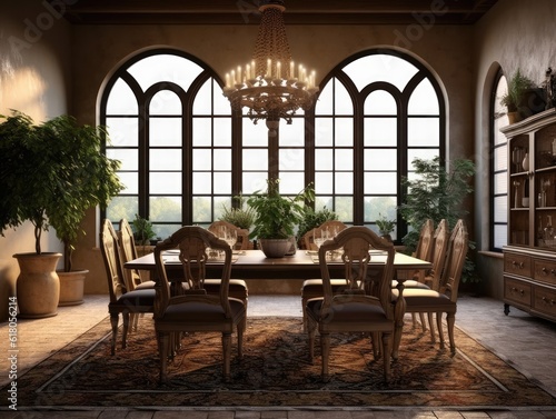 Wide angle view of dining room in Mediterranean style and dining sets, view outside through arched windows. Generative AI