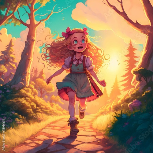 wide cinematic shot low angle showing the background full body Princess Athena walking along a path through a forest smiling and skipping the sun is setting in the sky creating a vivid array of 
