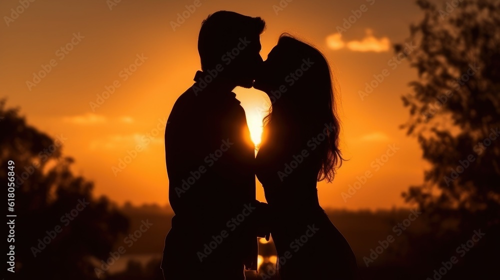 romantic moment between a couple deeply in love as they share a passionate kiss against the backdrop of a beautiful sunset