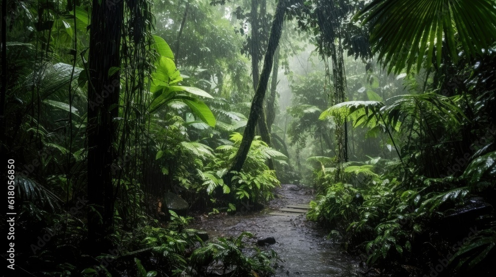 atmosphere of rain falling in a tropical forest