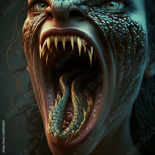 a snake comes out of an wide open mouth of womans face horror 16k octan render ultra detailed  photo