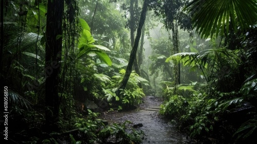 atmosphere of rain falling in a tropical forest