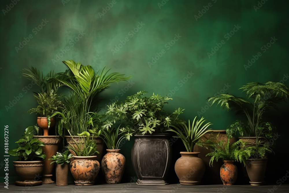 Plants in old pots, indoor garden and gardening hobby concept. Studio dark green background