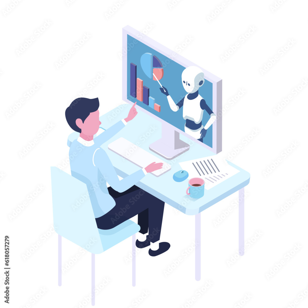isometric illustration of person working with  AI ,Robot on laptop