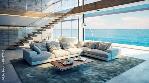 3D render  Modern Interior Ocean Concept  Embracing the Timeless Elegance and Tranquility of Aesthetics  Creating a Harmonious Fusion of Indoor and Outdoor Spaces