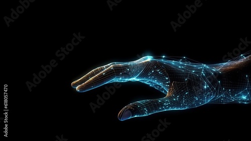 Digital hand hologram on dark background. Communication with artificial intelligence. Generative AI