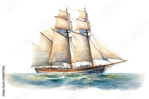 Vintage 19th century sailboat at sea isolated on a white background