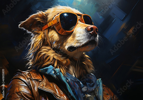 Beautiful dog wearing sunglasses with jacket