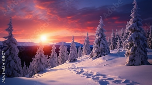 Winter landscape wallpaper with pine forest covered with snow and scenic sky at sunset. Snowy fir tree in beauty nature scenery