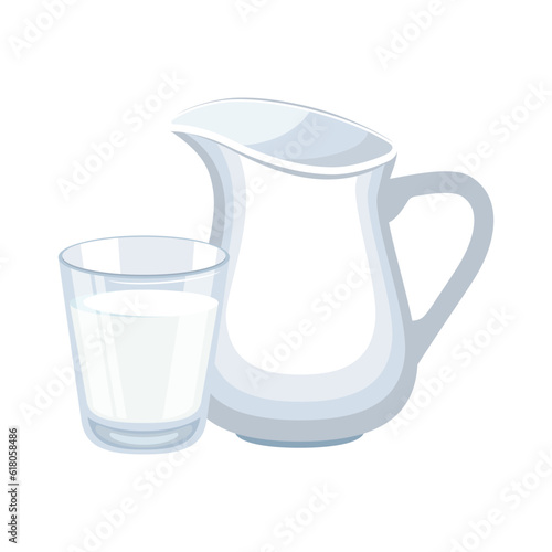 Milk pitcher jug and glass of milk icon set vector illustration. White porcelain jug and glass of milk icon set vector isolated on a white background