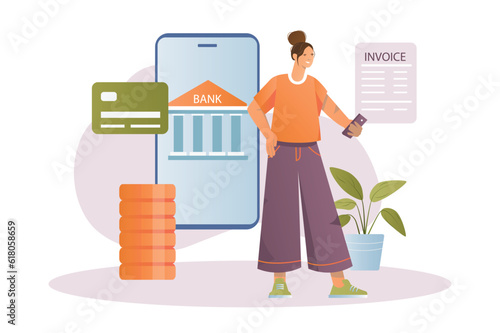 Online banking concept with people scene in the flat cartoon design. The girl pays receipts and checks over the phone. Vector illustration.