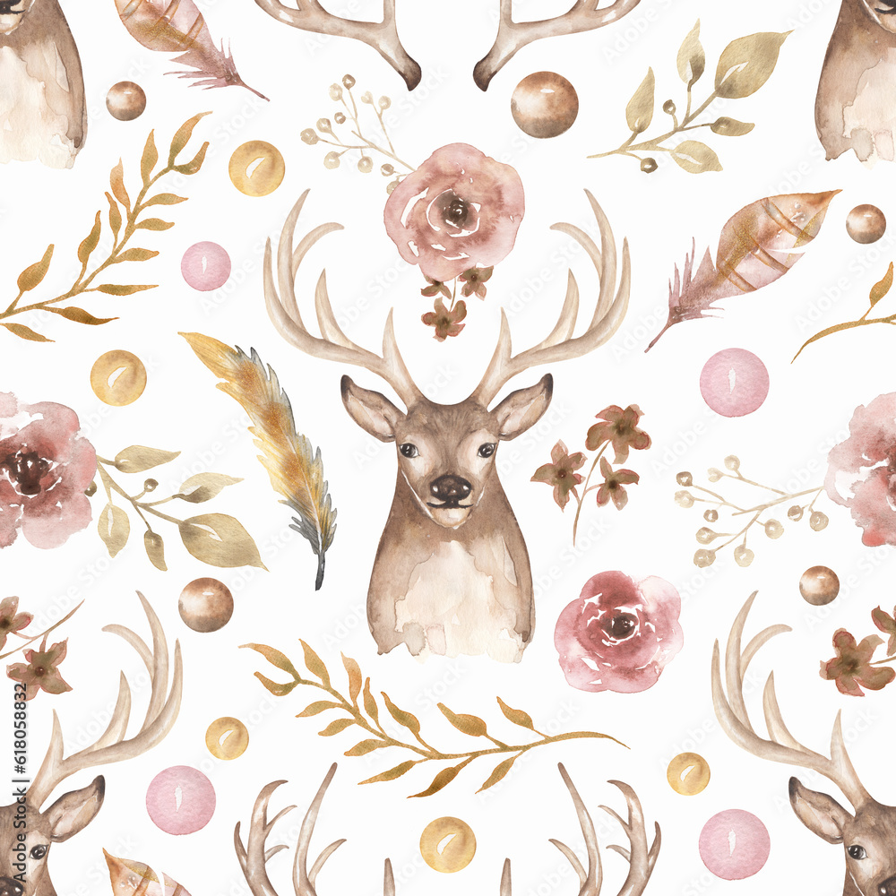 Fototapeta premium Watercolor delicate pink flower and forest deer background. Modern seamless pattern with leaves, flowers, feathers, beads and deer animal. Hand Drawn textures. Trendy Design .