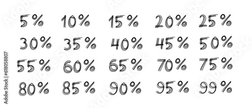 Hand made up to 99 percent sale black ink discount logo special offer lettering. Vector design illustration in cartoon doodle style isolated on white background. For promo, discount, web site, card.