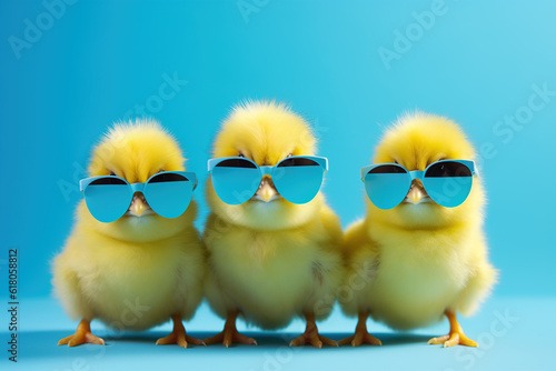 three yellow chicks with blue sunglasses bang, studio blue background. easter concept