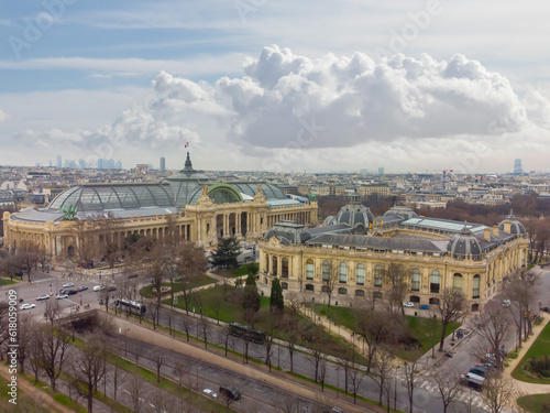 Aerial drone view of the Great Palace of the Elysian Fields (in French Grand Palais des les Champs-Élysées), is a historic site, exhibition hall and museum complex located at the Champs-Élysées