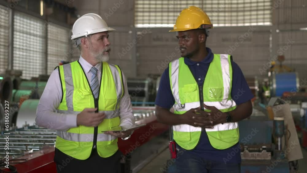 Young maintenance and senior supervisor engineer walking and talking in factory Young maintenance and senior supervisor engineer walking and talking in factory