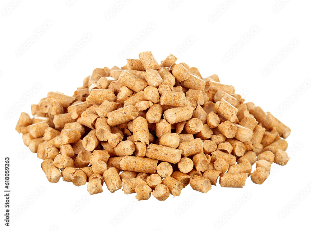 Pressed pellets of wood sawdust for a cat's toilet, piled up, isolated