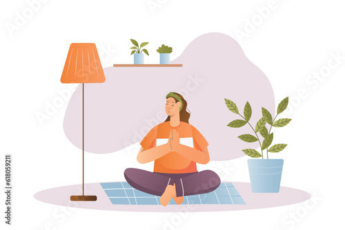 Yoga concept with people scene in the flat cartoon design. A girl does yoga at home to relax. Vector illustration.