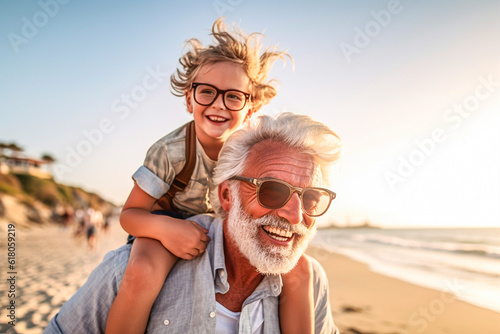 Fotografiet Happy senior man and his grandson on the beach at summer