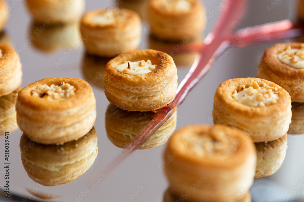 Baskets with grana padano dop mousse and hazelnuts. Wedding banquet care of the catering service.