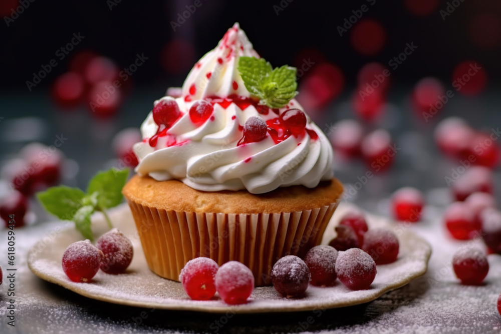 Sweet and delicious cupcake with cranberries. Generative AI. Sweet and delicious cupcake with cranberries. Generative AI.