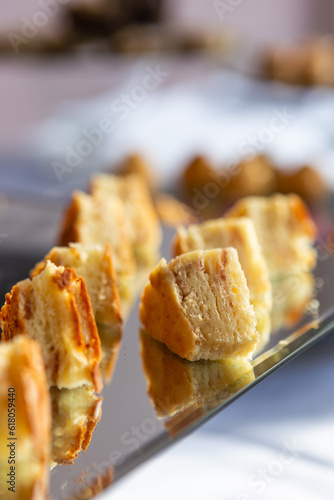 Slices of focaccia served at the buffet of a wedding banquet.