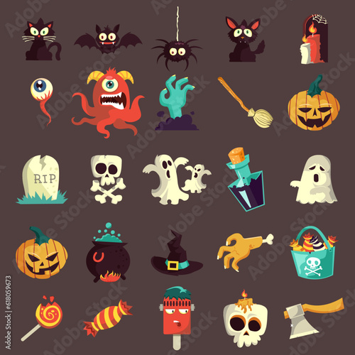 Set of items and pumpkins for halloween 