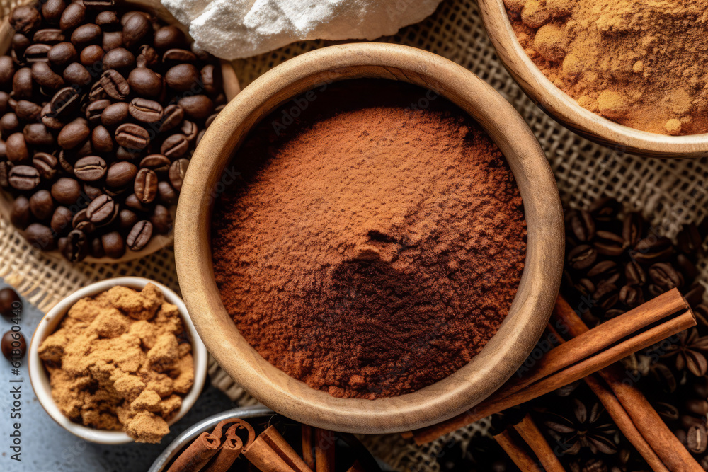 Close-up top view of ingredients Mocha, Coffee. AI Generated. Close-up top view of ingredients Mocha, Coffee. AI Generated.