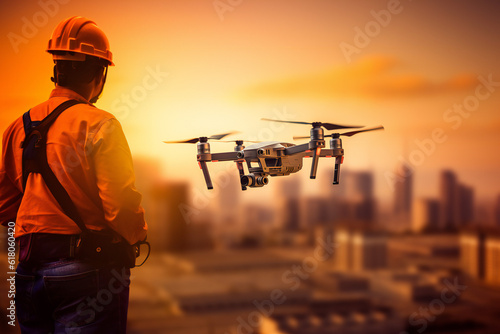 Drone Pilot operating a drone at construction site
