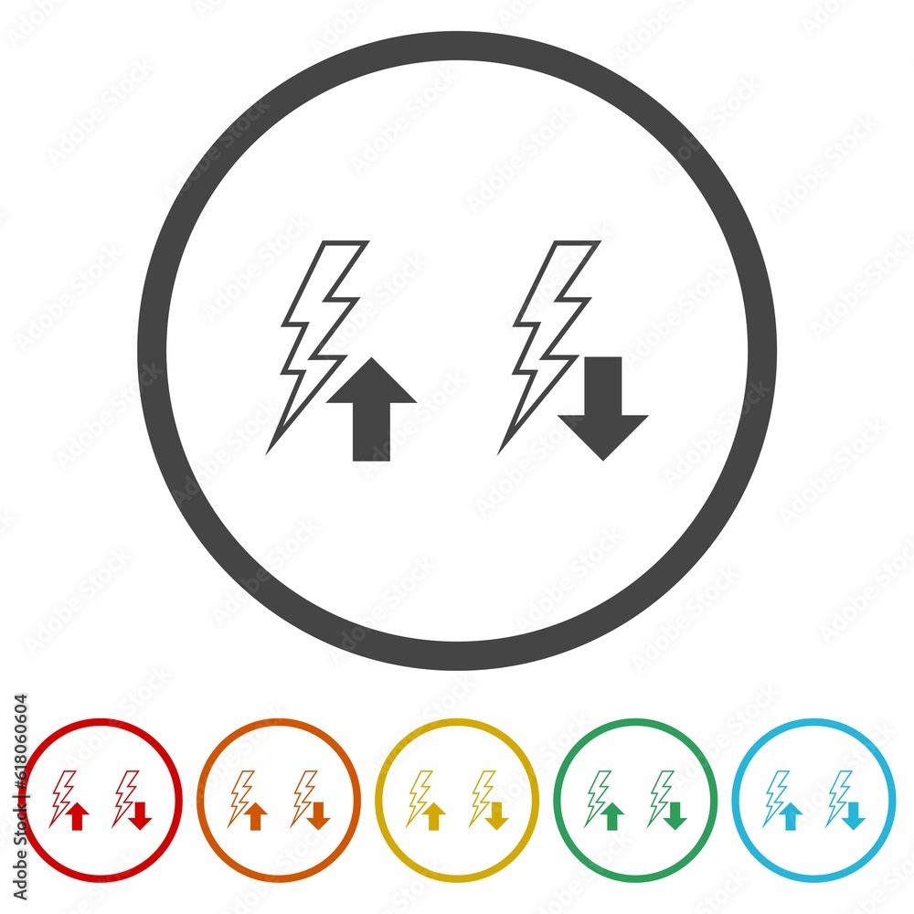 Energy reduction rising or falling icon. Set icons in color circle buttons Energy reduction rising or falling icon. Set icons in color circle buttons