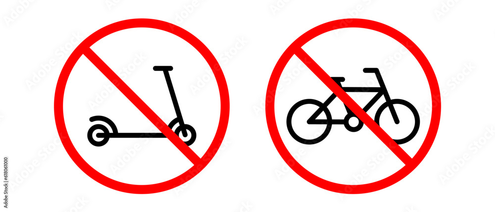 No bicycle, no scooter vector icons set. Red prohibition sign with a bicycle and electric scooter No bicycle, no scooter vector icons set. Red prohibition sign with a bicycle and electric scooter