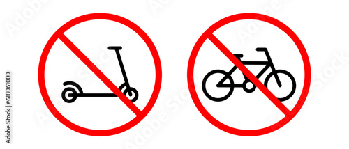 No bicycle, no scooter vector icons set. Red prohibition sign with a bicycle and electric scooter