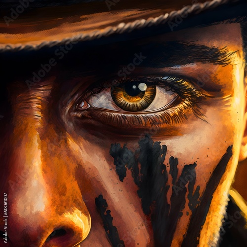 award winning oil painting three dimensional brush stroakes surface detail brush stroke acrylic extreme close up of cowboy gunslinger brown eyes in wild west still from a painted van gough movie  photo