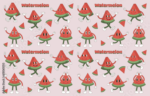 Watermelon retro cartoon seamless pattern. Summer watermelon comic character. Fun little mascots.Groovy funky trendy vector illustration and background