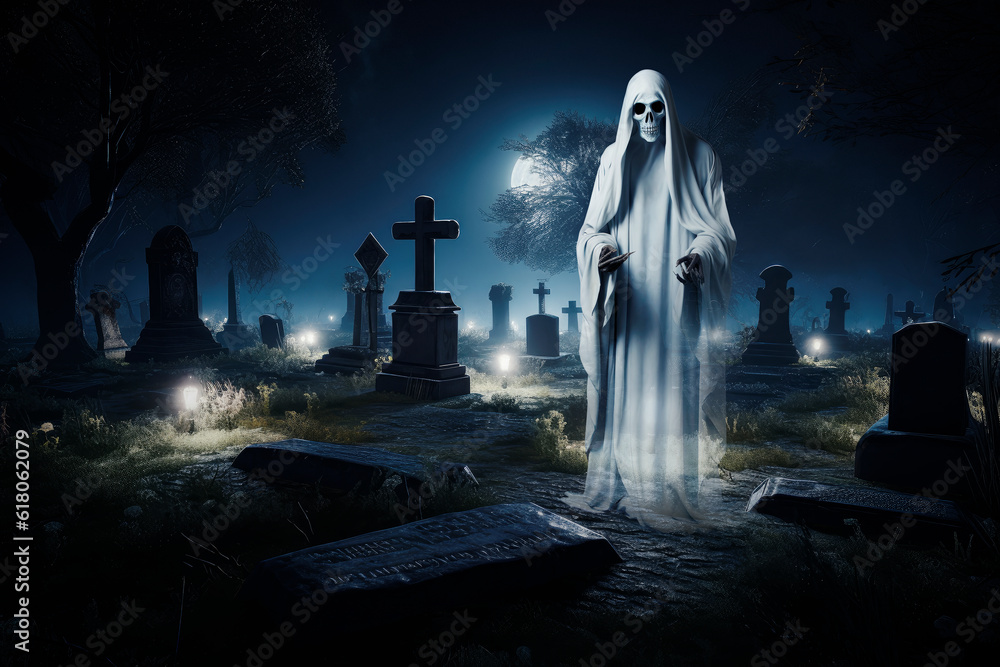 Ghost evil spirit stand in graveyard with tombstones at night, Halloween concept, Generative AI
