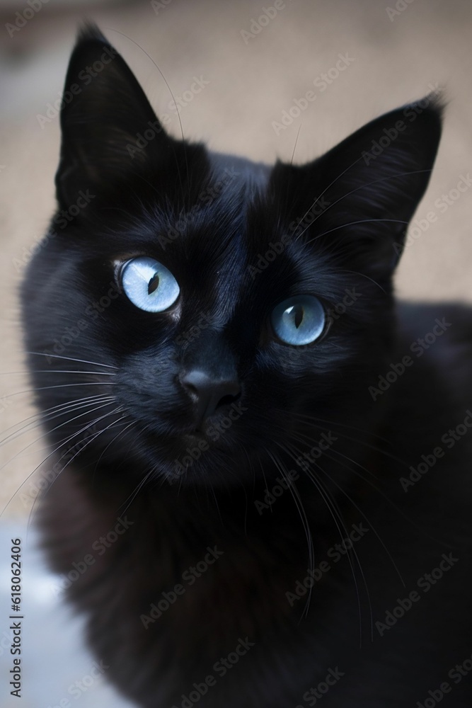 AI generated illustration of A a black domestic cat with striking blue eyes AI generated illustration of A a black domestic cat with striking blue eyes