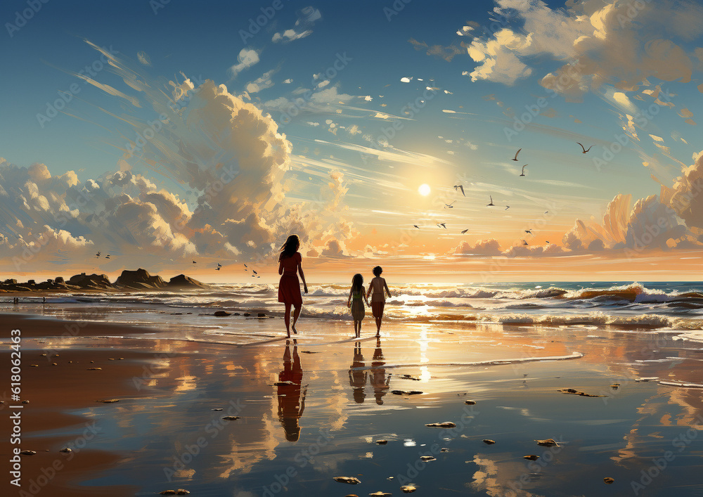 Family at the beach during sunset