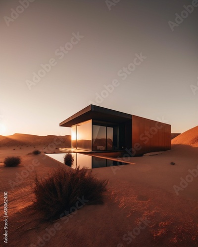AI generated illustration of a modern glass building standing alone amidst the vast desert landscape
