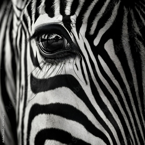 AI generated illustration of a zebra s face  looking to the left with one eye visible