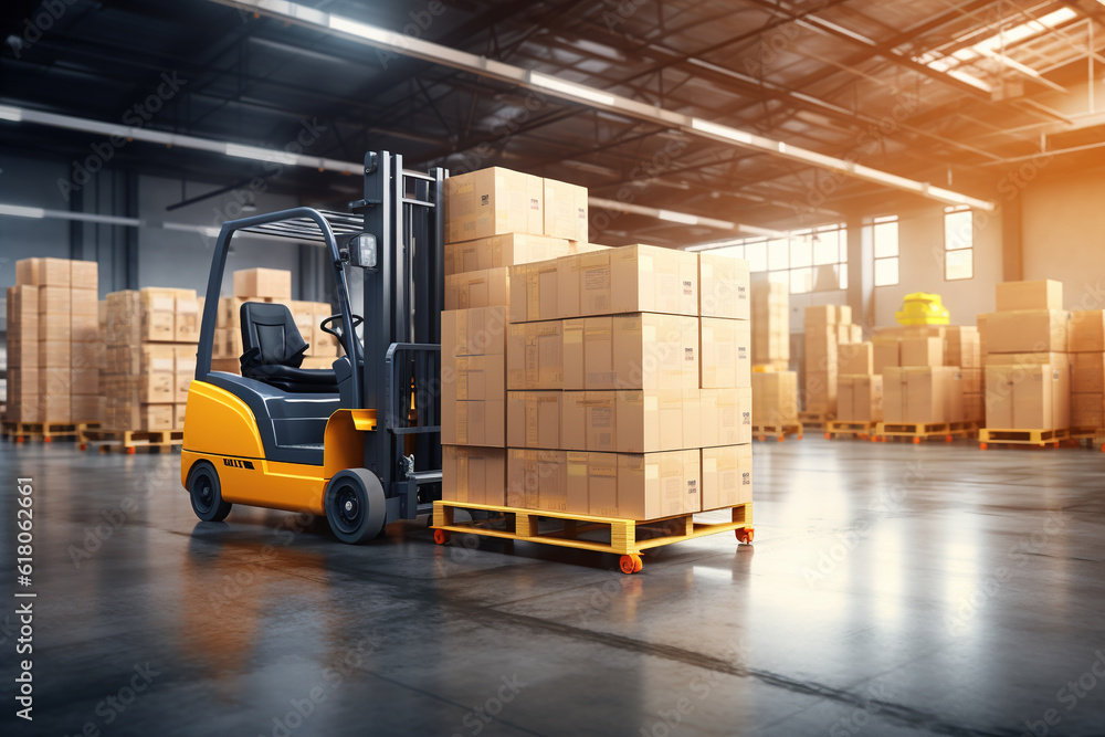 Forklift loads pallets and boxes in warehouse