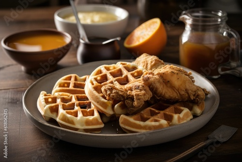 AI generated illustration of a plate of a freshly cooked chicken and waffle meal on a wooden table