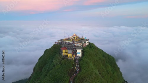 Aerial of the Buddhist temple on top of the Sri Pada or Adam's Peak in Sri Lanka