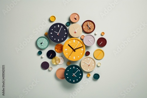 AI generated illustration of a wall with multiple clocks in various designs and colors