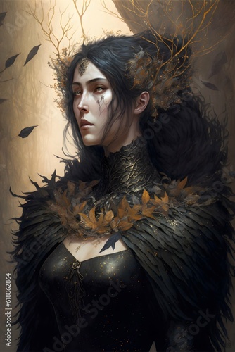 darkhaired elf has raven feathers in hair standing in a row of magic trees middleaged dreamy beautiful stunning ethereal elegant hyper realistic highly detailed Highquality by Yoann Lossel  photo