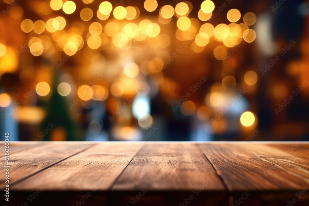Christmas background. Empty wooden table on the background of the New Year's golden bokeh. Ready for product montage.Generative AI Christmas background. Empty wooden table on the background of the New Year's golden bokeh. Ready for product montage.Generative AI