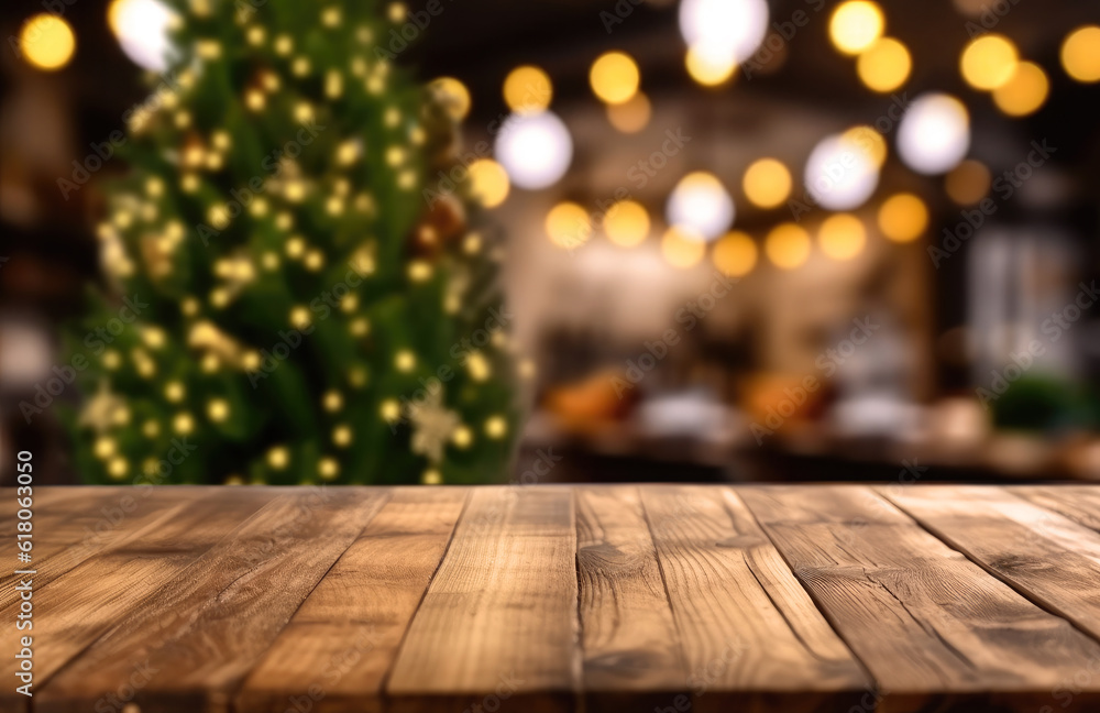 Christmas background. Empty wooden table on the background of the Christmas tree and New Year's golden bokeh.Ready for product montage.Generative AI