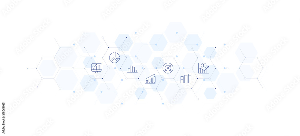 Statistics banner vector illustration. Style of icon between. Containing graph, graphic, grow.